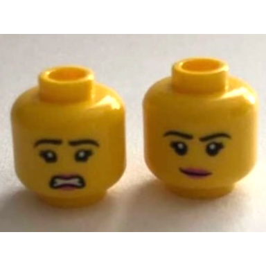 yellow minifigure head dual sided female black eyebrows eyelashes smirk with dark pink lips worried pattern