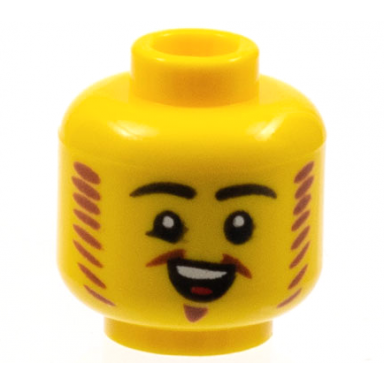 yellow minifigure head black eyebrows reddish brown mutton chops and van dyke beard open smile pattern