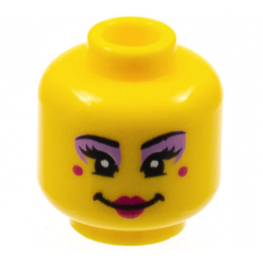 yellow minifigure head female black eyebrows medium lavender eye shadow magenta lips and cheek spots smile pattern