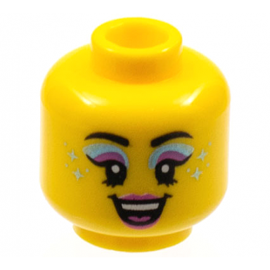 yellow minifigure head female black eyebrows metallic light blue and dark pink eye shadow stars open smile pattern