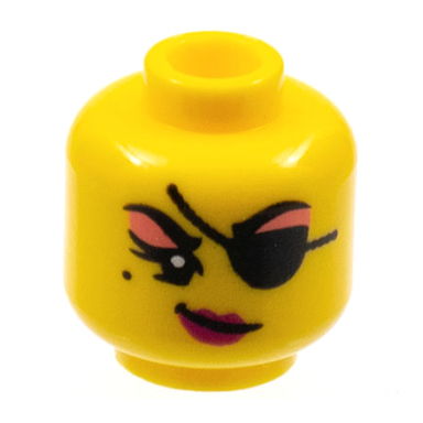 yellow minifigure head female black eyebrows eye patch and beauty mark coral eye shadow magenta lips smirk pattern