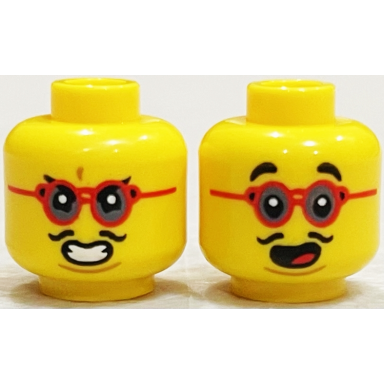 yellow minifigure head dual sided black eyebrows red glasses thin moustache surprised open mouth clenched teeth pattern