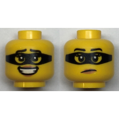 yellow minifigure head dual sided female black eyebrows and mask medium nougat lips and open mouth smile with teeth frown pattern