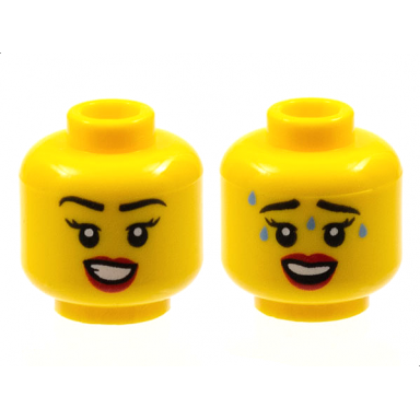 yellow minifigure head dual sided female black eyebrows red lips smile with teeth worried with sweat pattern