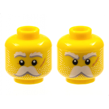 yellow minifigure head dual sided white eyebrows moustache and whiskers medium nougat scar on left cheek neutral angry pattern