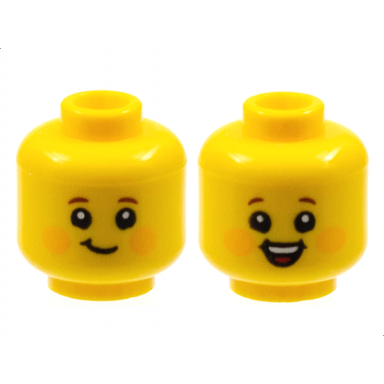 yellow minifigure head dual sided child reddish brown eyebrows bright light orange circles on cheeks lopsided grin open mouth smile with top teeth and red tongue pattern
