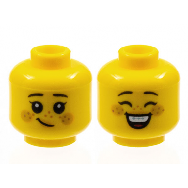 yellow minifigure head dual sided child female black eyebrows eyelashes bright light orange lips and circles on cheeks medium nougat freckles lopsided grin closed eyes and open mouth smile with top teeth braces and red tongue pattern