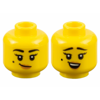yellow minifigure head dual sided female black eyebrows and beauty mark medium nougat lips lopsided grin surprised pattern
