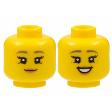 yellow minifigure head dual sided female dark bluish gray eyebrows black eyelashes medium nougat lips grin open mouth smile with teeth pattern