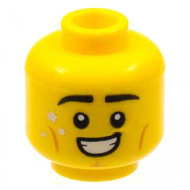 yellow minifigure head black eyebrows gold stars medium nougat cheek lines and cleft chin smile with teeth pattern