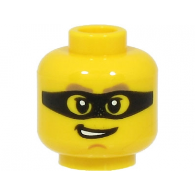 yellow minifigure head dark tan thick eyebrows black mask chin dimple open mouth with teeth lopsided grin pattern