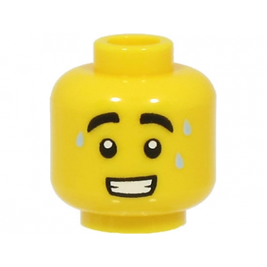 yellow minifigure head black thick eyebrows 3 bright light blue sweat drops open mouth with teeth pattern