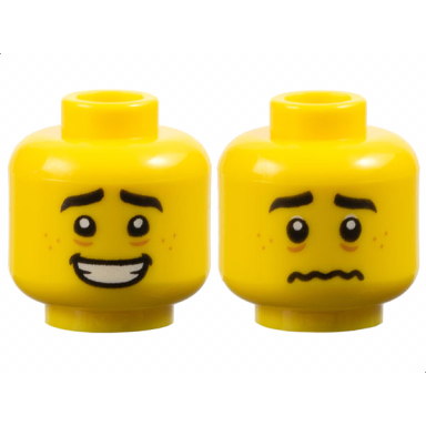yellow minifigure head dual sided black eyebrows medium nougat freckles and eye bags open mouth smile with teeth worried pattern