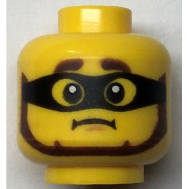 yellow minifigure head reddish brown thick eyebrows and beard black mask worried frown pattern