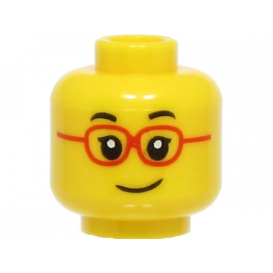 yellow minifigure head child black eyebrows single eyelashes glasses with red frames lopsided grin pattern