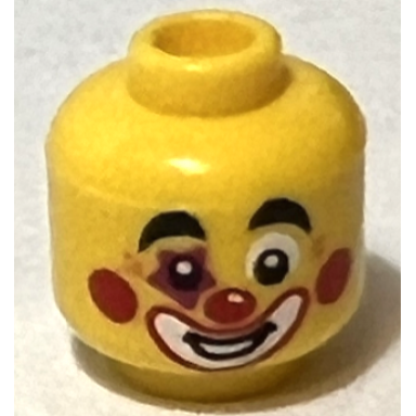 yellow minifigure head clown thick black eyebrows star on right eye red cheeks open mouth smile pattern bam