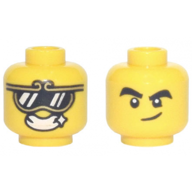 yellow minifigure head dual sided gold trim sunglasses with reflections open mouth grin with sparkle black thick eyebrows smirk pattern
