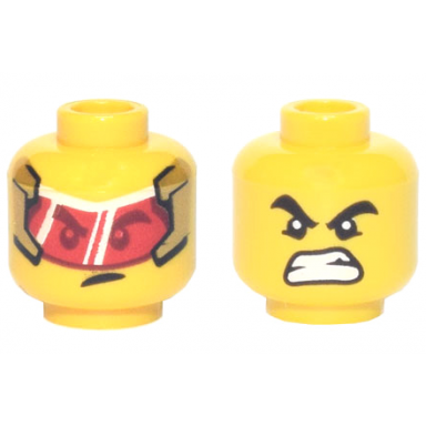 yellow minifigure head dual sided black thick eyebrows red visor with reflections crooked scowl angry grimace pattern