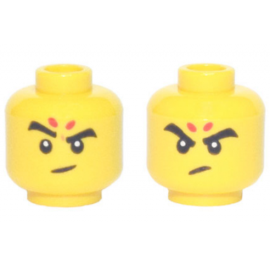 yellow minifigure head dual sided black eyebrows and eyes 2 red spots eyebrow raised smirk angry pattern