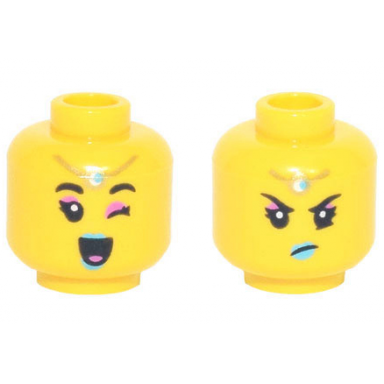 yellow minifigure head dual sided female dark pink eye shadow medium azure lips gold charm on forehead open mouth smile and wink angry pattern