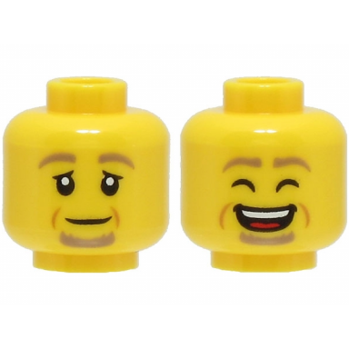 yellow minifigure head dual sided dark tan eyebrows and goatee nougat cheek lines neutral laughing with open mouth and closed eyes pattern