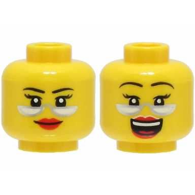 yellow minifigure head dual sided female black thin eyebrows red lips silver glasses smile laughing with open mouth pattern
