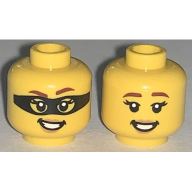 yellow minifigure head dual sided female reddish brown eyebrows nougat lips open mouth smile with teeth black mask no mask pattern