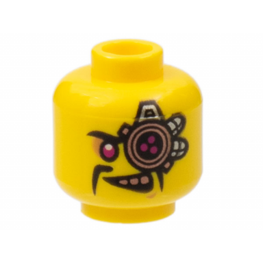 yellow minifigure head alien with cyborg eyepiece magenta eye copper teeth black fu manchu moustache pattern