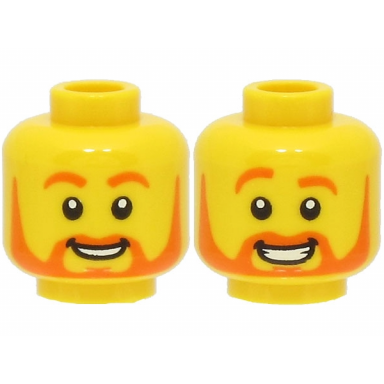 yellow minifigure head dual sided orange eyebrows and beard smile with teeth large smile and raised eyebrow pattern