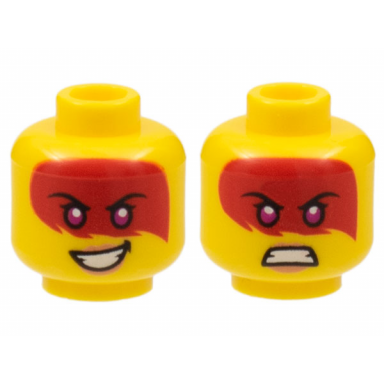 yellow minifigure head dual sided female large red tattoo magenta eyes peach lips smile scowl pattern harumi