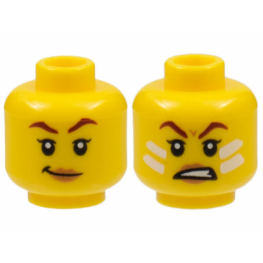 yellow minifigure head dual sided female dark red eyebrows peach lips smirk scowl with white face paint lines pattern