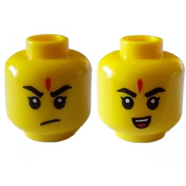 yellow minifigure head dual sided black eyebrows red forehead mark frown small open smile with teeth and tongue pattern