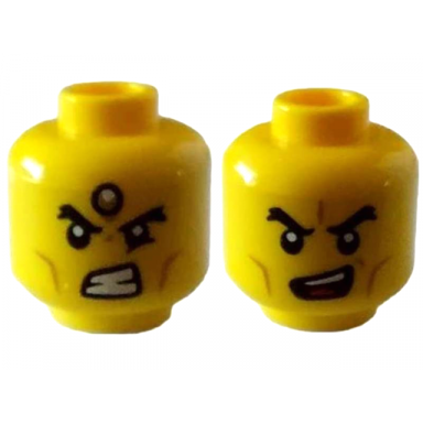 yellow minifigure head dual sided black thick eyebrows cheek lines bared teeth with forehead jewel open mouth with red tongue pattern