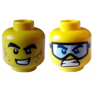 yellow minifigure head dual sided black thick eyebrows open mouth grin with teeth and dark tan smudges bared teeth with sports goggles pattern