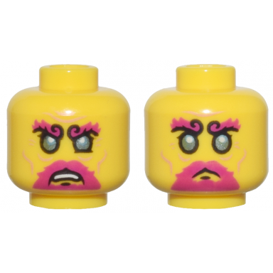 yellow minifigure head dual sided metallic light blue eyes magenta bushy eyebrows and goatee cheek lines wrinkles sad angry pattern