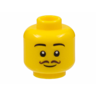 yellow minifigure head black eyebrows dark brown thin curly moustache grin pattern