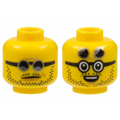 yellow minifigure head dual sided black and gold sunglasses stubble neutral open mouth smile with raised lenses pattern