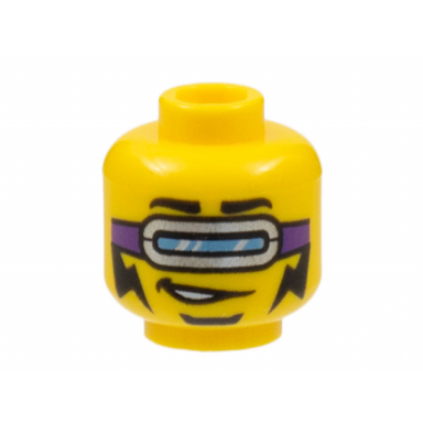 yellow minifigure head black eyebrows silver goggles with dark purple strap black soul patch beard and lightning tattoos on cheeks pattern
