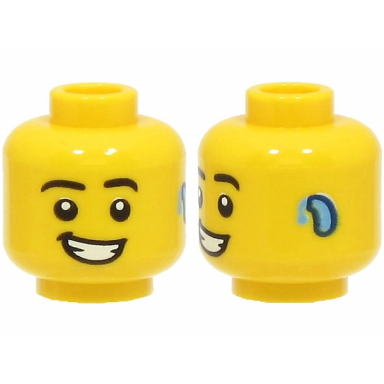 yellow minifigure head black eyebrows open mouth smile with teeth hearing aid pattern