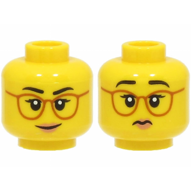 yellow minifigure head dual sided female black eyebrows dark orange glasses peach lips smile frown pattern