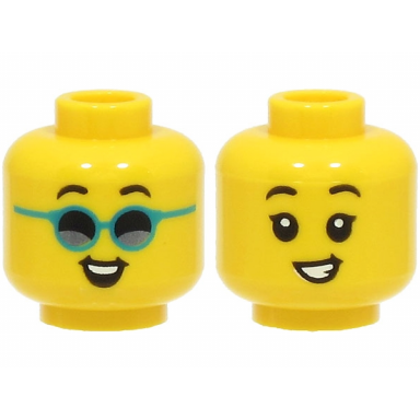 yellow minifigure head dual sided child black eyebrows open mouth smile with teeth with without dark turquoise glasses pattern
