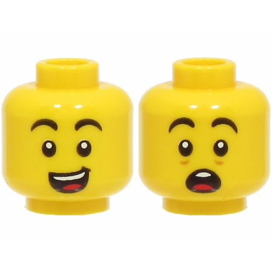 yellow minifigure head dual sided black eyebrows open mouth with teeth and tongue wide smile scared pattern