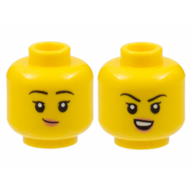 yellow minifigure head dual sided child female black eyebrows peach lips lopsided grin open smile with teeth pattern