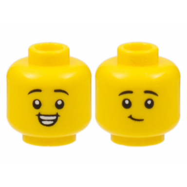 yellow minifigure head dual sided child black eyebrows smile with teeth lopsided grin pattern