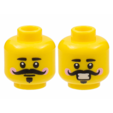 yellow minifigure head dual sided black eyebrows curly moustache van dyke beard bright pink cheeks neutral smile with teeth pattern