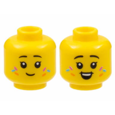yellow minifigure head dual sided child female black eyebrows dark azure orange and magenta sprinkles grin open smile with teeth pattern