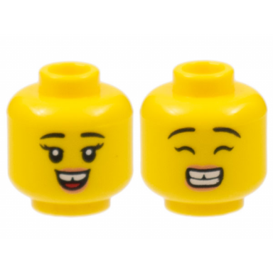 yellow minifigure head dual sided female black eyebrows gap in teeth smile with tongue wide grin with teeth and closed eyes pattern