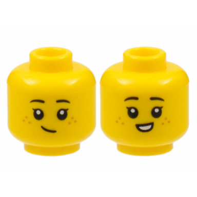 yellow minifigure head dual sided child female black eyebrows medium nougat freckles lopside grin small smile with teeth pattern