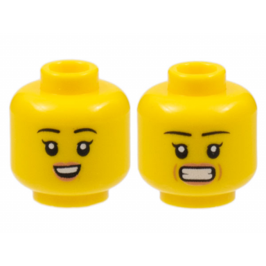 yellow minifigure head dual sided female black eyebrows peach lips small smile with teeth stressed pattern