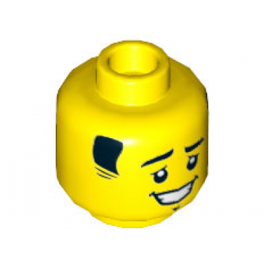 yellow minifigure head short black sideburns eyebrows right raised goatee and open mouth smile with teeth pattern